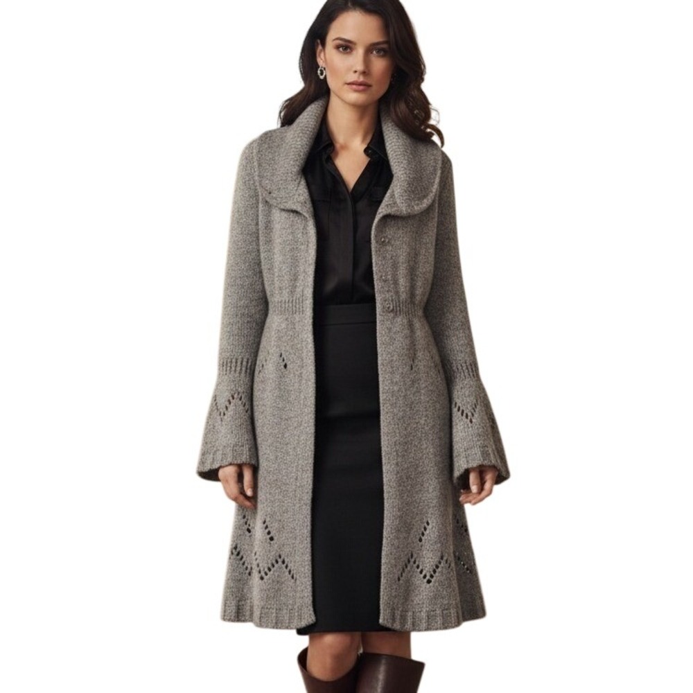 Vertical Design Gray Knit Cardigan Sweater Coat Cowl Neck and Lace Pattern Large